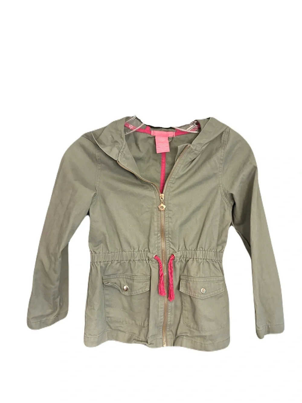 Isaac Mizrahi Girls Olive Utility Jacket Hooded Anorak Pink Trim Size 7/8